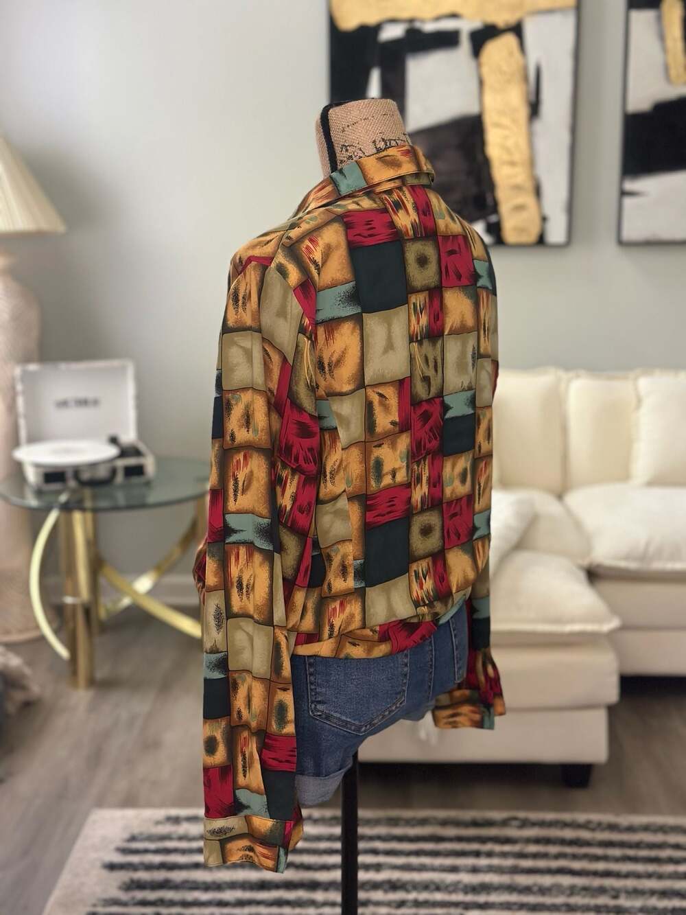 Vintage Cathy Che Abstract Geometric Block Art Print Button Up Size 14 - Picture 5 of 6